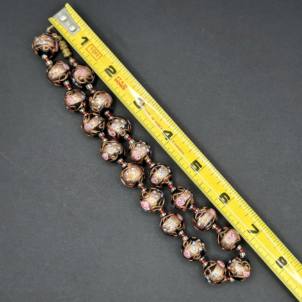 Vintage Wedding Cake Bead Necklace Millefiori Glass Goldtone Black Pink 15" READ - Picture 14 of 14